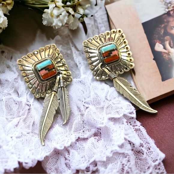 Vintage QT Sterling Inlaid Turquoise Multi Gemstone Earrings Southwestern - Picture 2 of 11